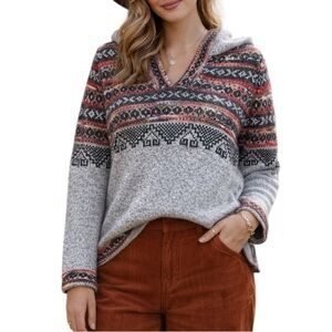 NorthStyle Medium Fair Isle Hooded Sweater Boho Wool Blend